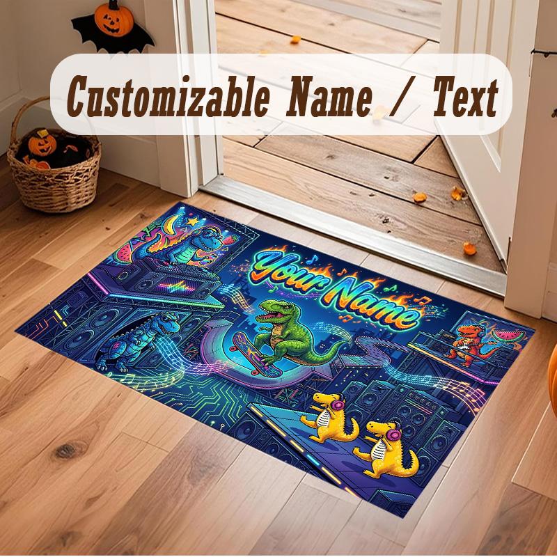 Dinosaur Theme Soft Crystal Velvet Rug Custom Name & Text Print Non Slip Floor Rug for Bedroom Living Room