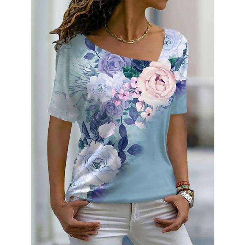 Fashion Women's Asymmetric V-neck T-shirt Spring and Summer Ladies 3D Short-sleeved Top