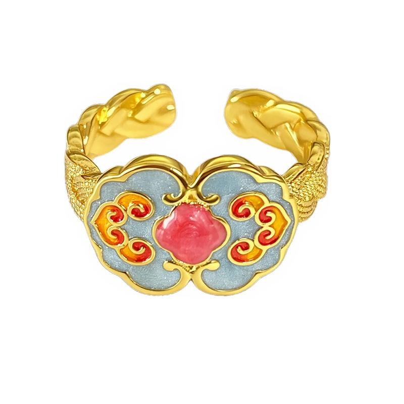 Flowering Color Medieval Enamel Open Ring Retro National Tide Pattern Personalized Heavy Industry Exquisite Niche Ring Woman