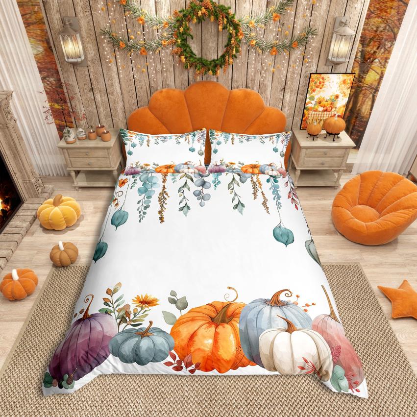 Homewish Rustic Flower Maples Duvet Cover SetAutumn Harvest Pumpkin Comforter Cover SetBrown Pine Cone Bed Set For Girls