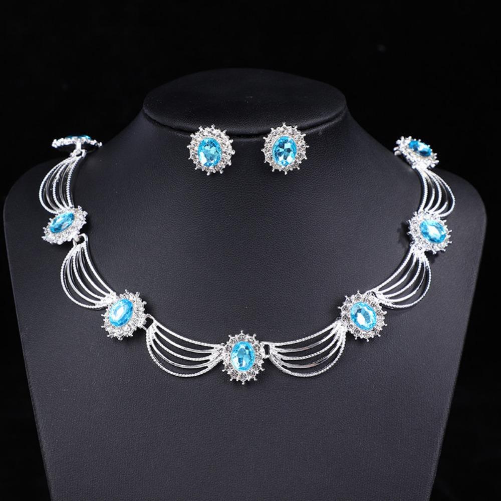 Gold-Tone Gemstone Necklace Set Geometric Statement Jewelry Set Earring Matching Set  Women