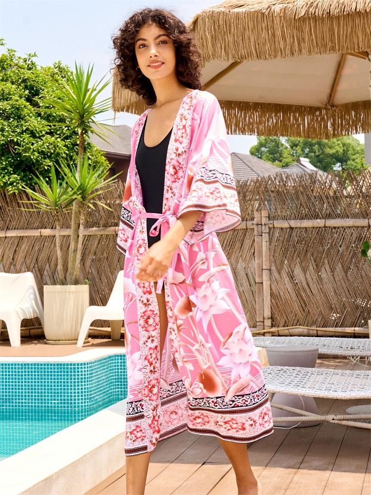 EDOLYNSA Bikini cu imprimeu boem Rochie kimono cu centură elegantă Tunica 2024 Vară Femei Marime mari Îmbrăcăminte de plajă Costum de baie acoperire Q996