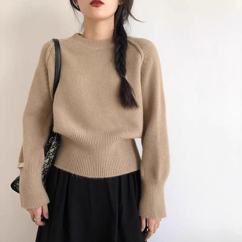 New Korean Chic Round Neck Loose Sweater Women Winter Solid Bottoming Shirt Knitted Tops Simple Design Casual Pullover