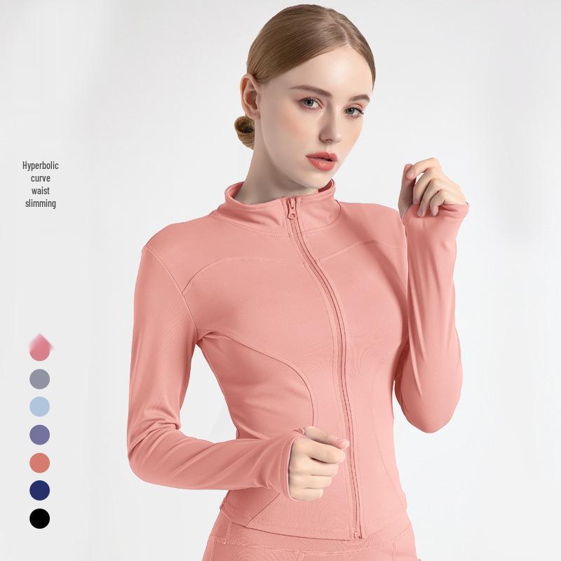 Pfirsichfarbene Fitnessjacke: Schnelltrocknendes Langarm-Sportoberteil mit Reißverschluss und Stehkragen für Yoga im Frühling und Herbst