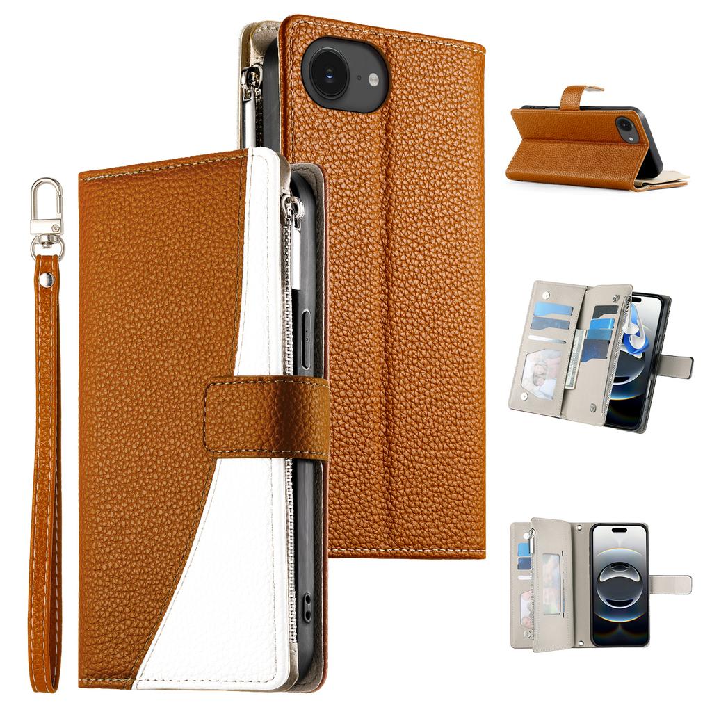 For iPhone 16e Case Zipper Pocket Wallet Color Splicing Leather Flip Phone Cover with Straps