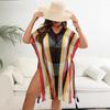 Plus Size Women's Color Contrast Patchwork Woven Hollow Beach Bikini Smock Dress Lace Up