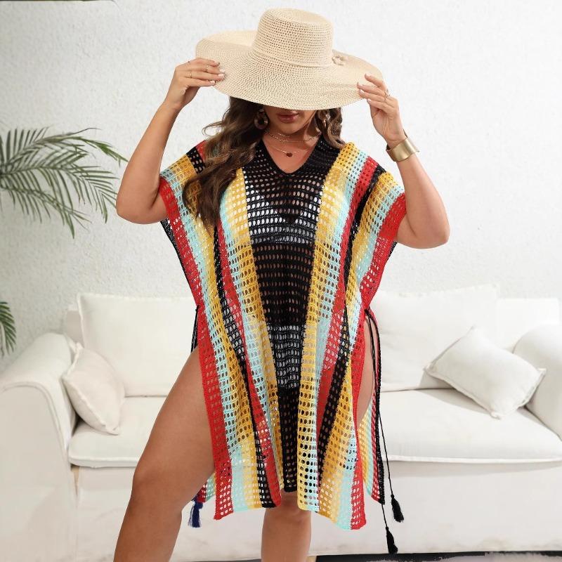 Plus Size Women's Color Contrast Patchwork Woven Hollow Beach Bikini Smock Dress Lace Up