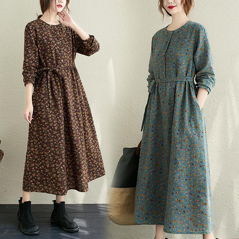 Women Vintage Floral Print Cotton Linen Midi Dress O‑Neck Long Sleeve A‑Line Loose Plus Size Casual Dress 2025 Spring Autumn D037‑860