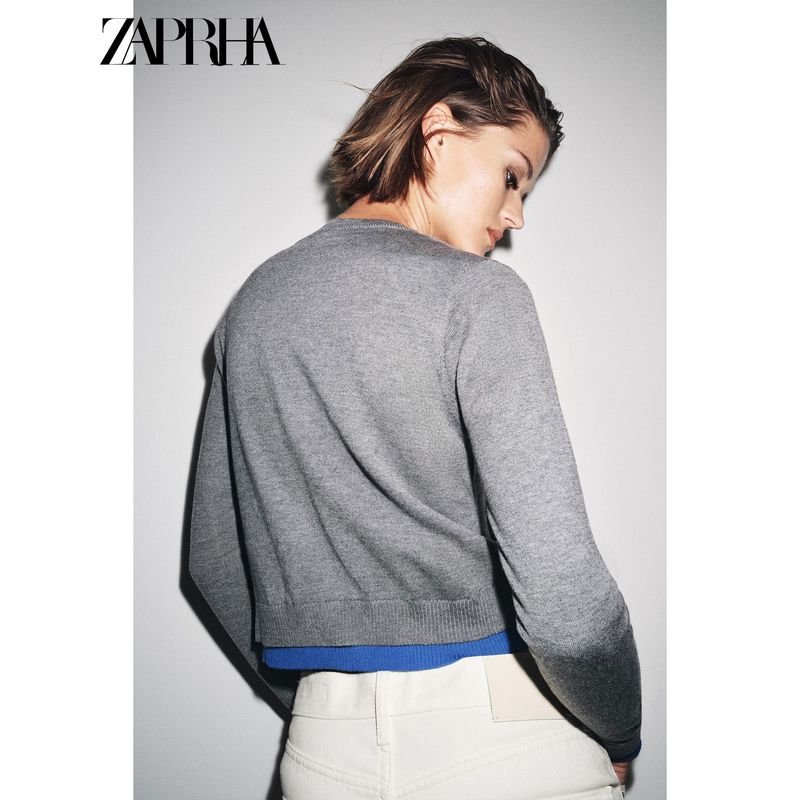 Zaprha 2025 Fall New Arrival Women Round Neck Long Sleeves Rib Stitching Decorative Layer Knitting Cardigan Outwear 3581005
