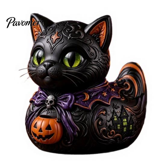 Spooky Home Accents Midnight Witches Cat Duck Figurine, Black Statue Resin Animal Ornament with Pumpkin Lantern, Halloween Decoration for Tabletop