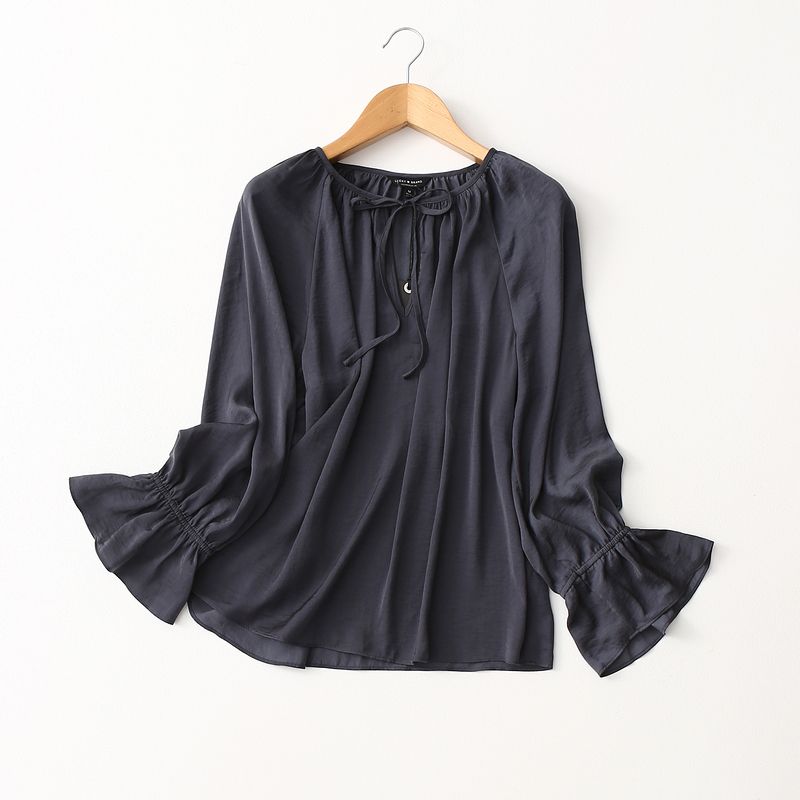 Foreign Trade Original Order French Style Elegance Tie-Neck Flared Sleeves Satin Chiffon Shirt Women's Spring and Summer Loose Pullover Acetate Tops