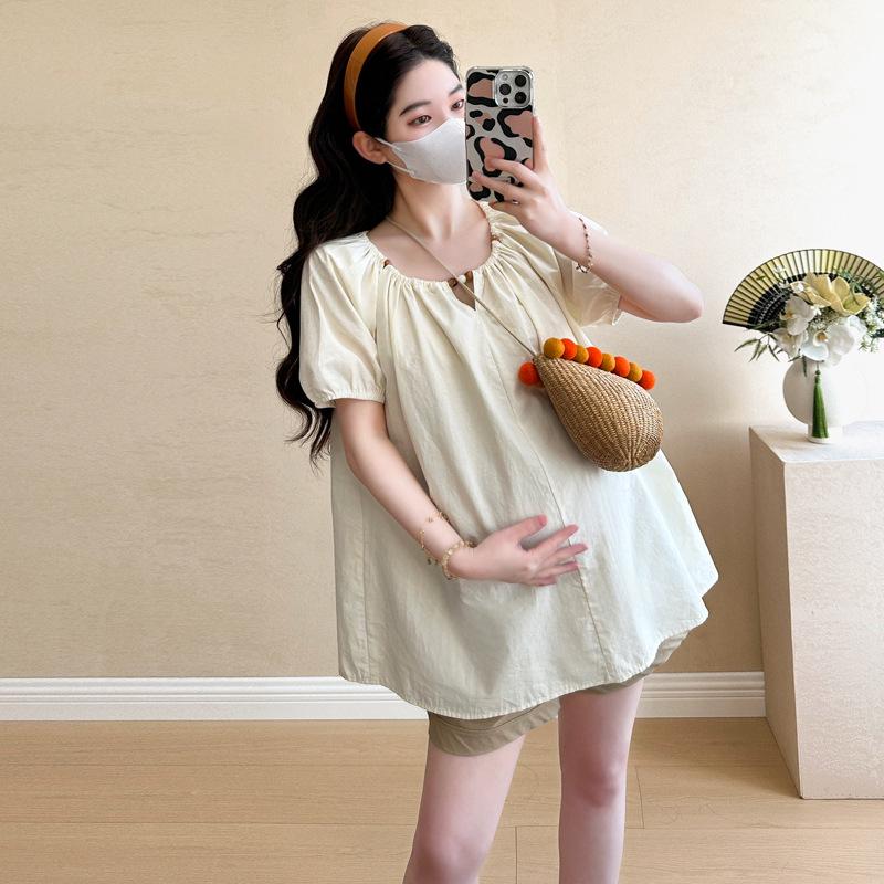 2026 Summer Maternity French Doll Shirt Top & Belly Support Shorts Set