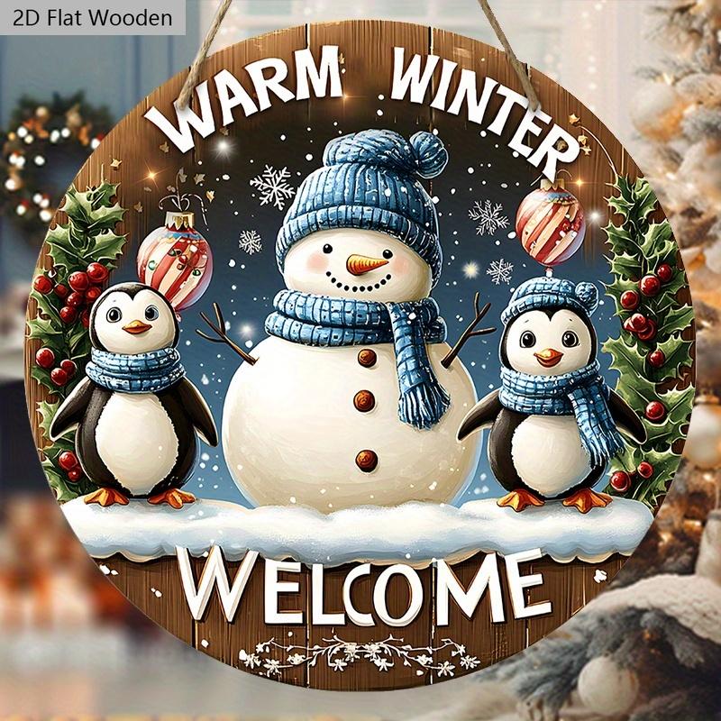 Cute Winter Wonderland Wooden Christmas Sign with Snowman & Penguin Pattern - Navidad Sign for Front Door Wall Hanging Decor - Ideal Christmas Gift