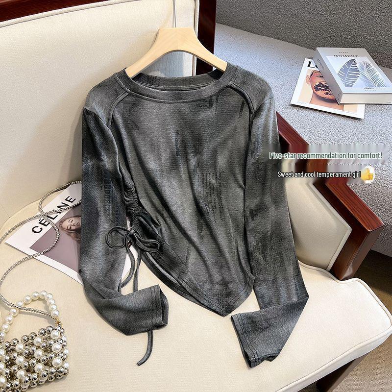Tie-Dye Women's Irregular Long Sleeve Drawstring Slimming T-Shirt - Korean Style for Spring/Autumn 2025