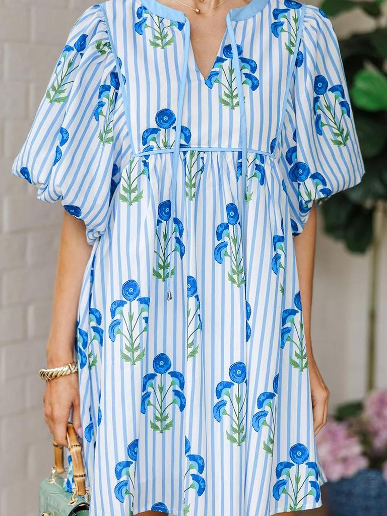 2026 Florales V-Ausschnitt Kurzarm Damenkleid - Europäischer & Amerikanischer Trend