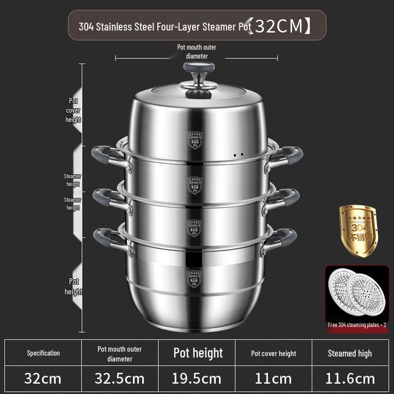 Large Capacity 304 Stainless Steel Steamer Pot with Thickened Multi-Layer Steaming Baskets for Household Use