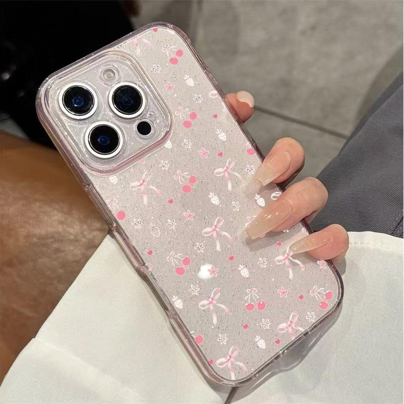 Cartoon Pink Cherry Small Bow Glitter Clear Phone Case For iPhone 17 16 15 Pro Max 14 13 12 11 7 8 Plus 16E 17E XS XR X 17 Cover