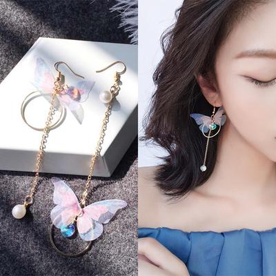 Korean Style Asymmetric Butterfly Pearl Round Crystal Long Alloy Drop Earrings Women Fashion Jewelry