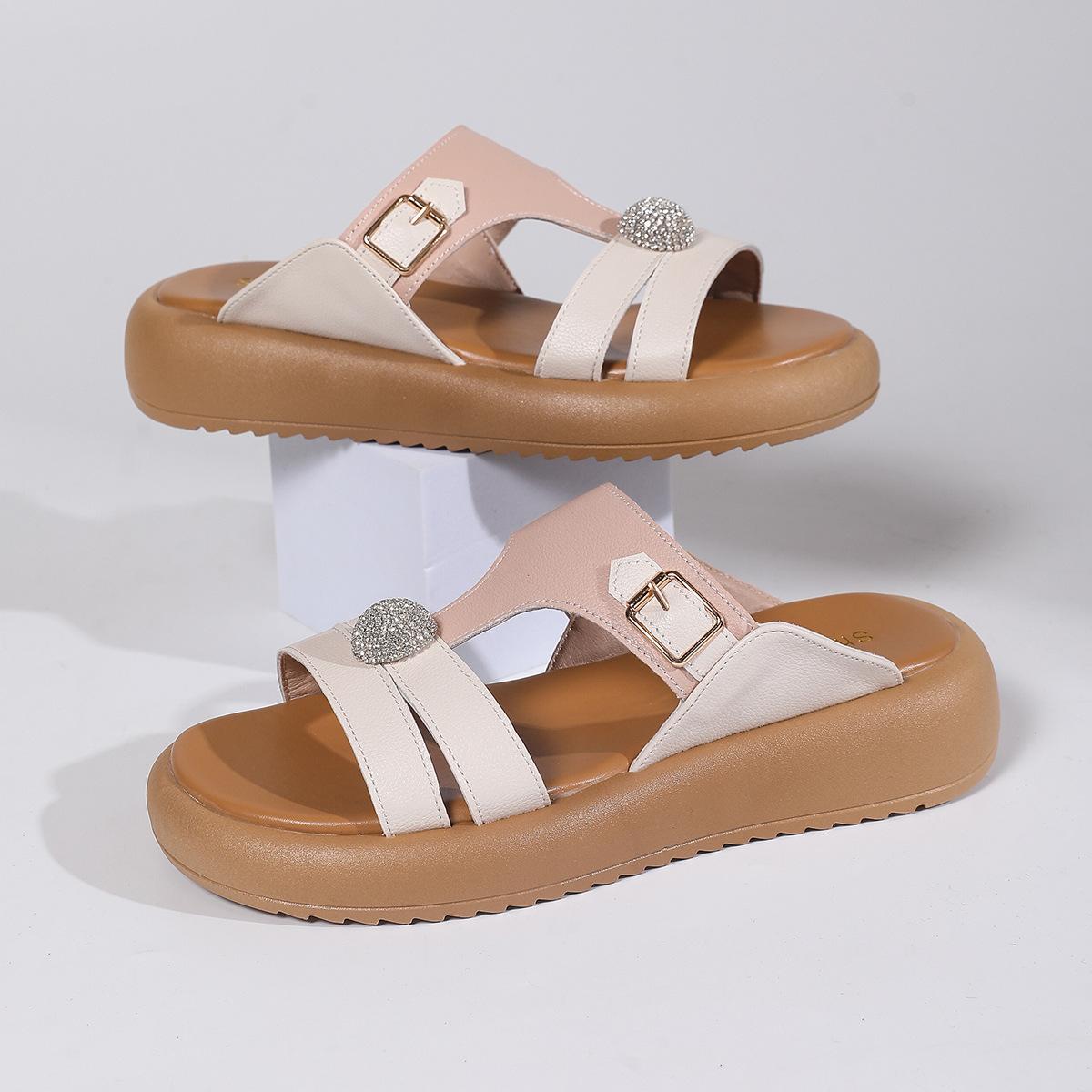 

Women s 2025 summer new foreign trade fashion rhinestones with large size slippers outside, light and casual, one pedal thick-soled sandals 42 розовый