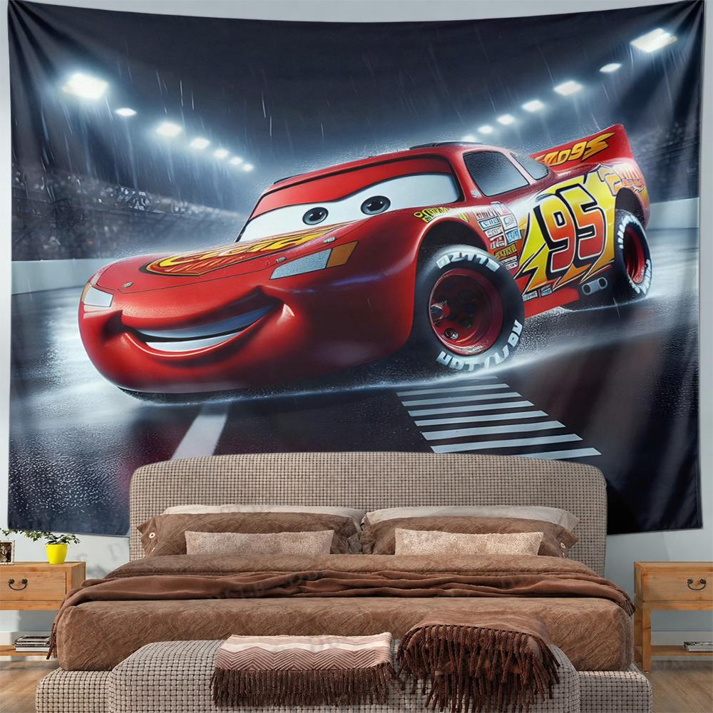 Wide Wall Tapestry Cars Lightning McQueen Number 95 on Wet Night Racetrack Under, Horizontal Wall Art for Adult Bedroom Living Room Fan Gift