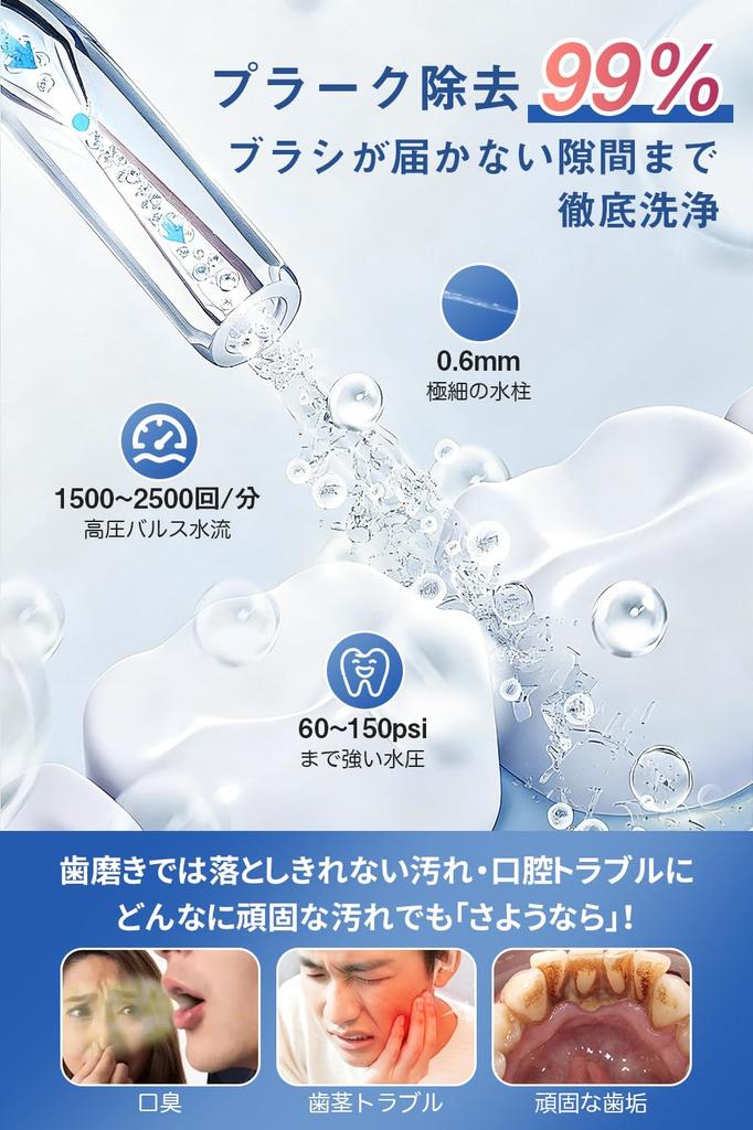 Cordless Oral Irrigator Jet Washer with 5 Water Flow Modes, 6 Replacement Nozzles, Tongue Cleaner, Interdental Brush, 360° Rotating Design, Pulsed