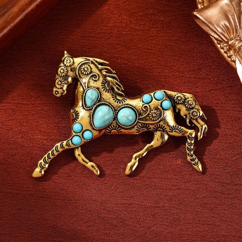 Elegant Horse Brooch Adorned with Simulated Turquoise Accent for Fashion Forward Looks on Suits and Shirts Gift
