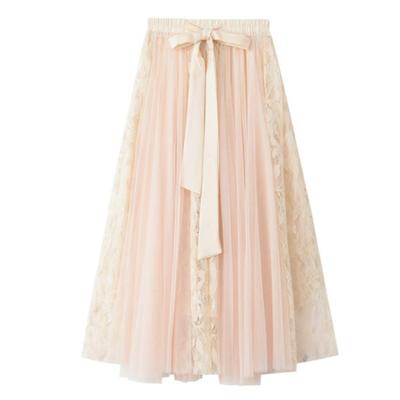 Gebacades Elastic Lace Pleated Tulle Maxi Beige Women's High-Waisted Tie-Down Skirt,