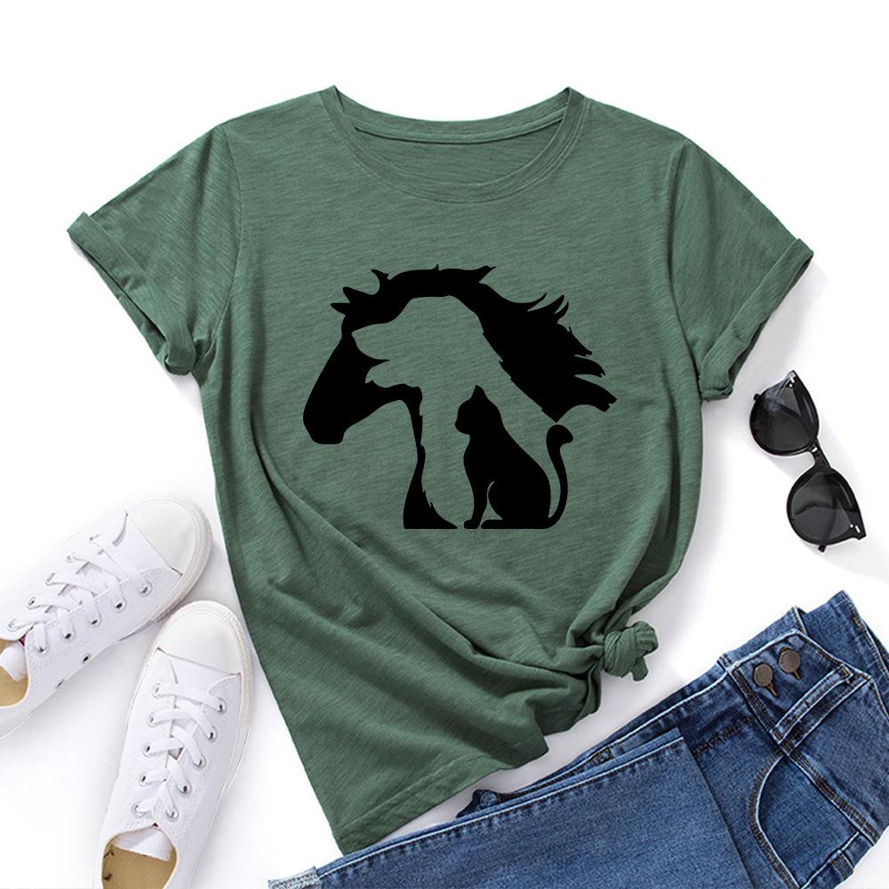 Silhouette Animals Cotton T-Shirt Short Sleeve Round Neck Women 2d Print Tops