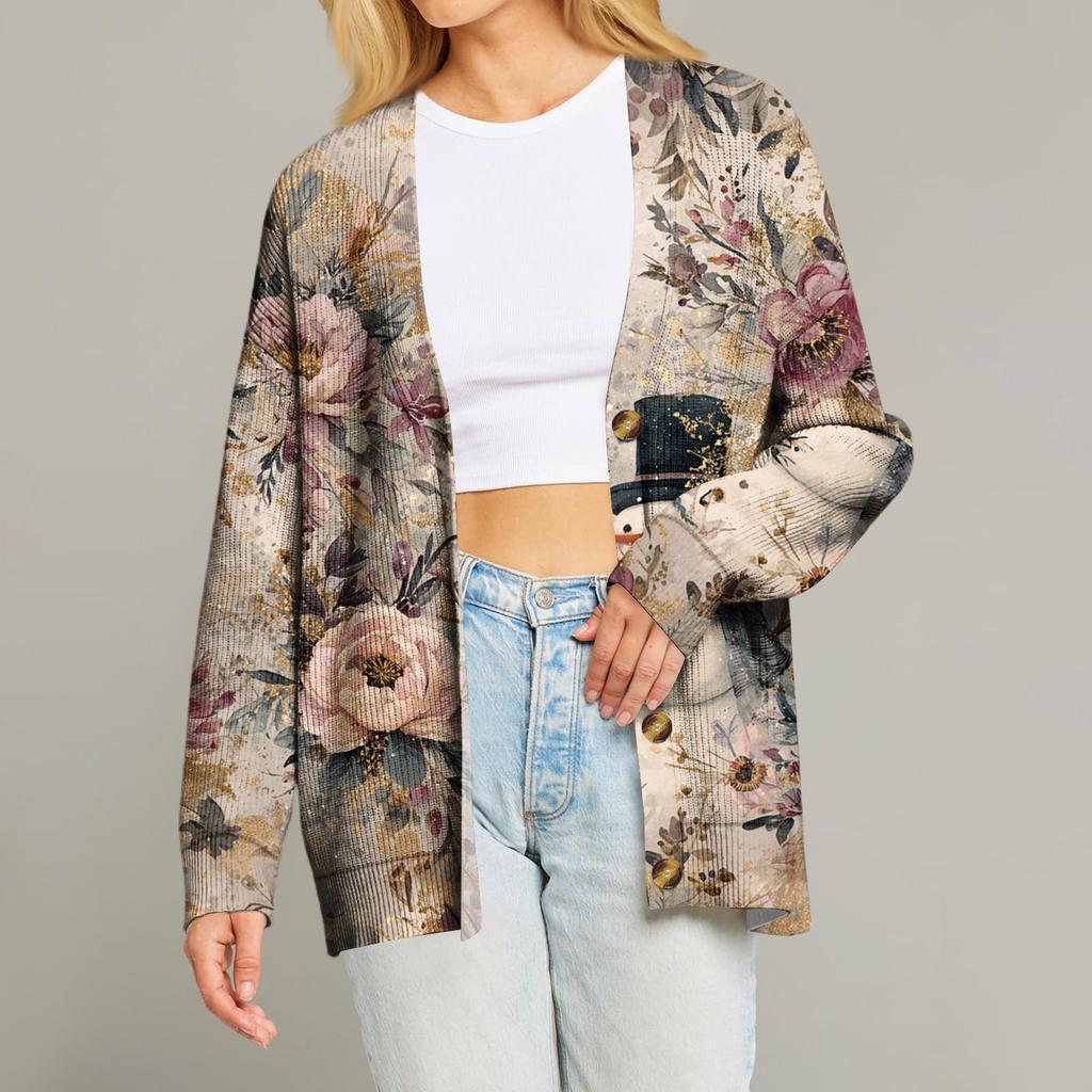 Women's Fashion Long Sleeve Print V-Neck Button Loose Cardigan Top