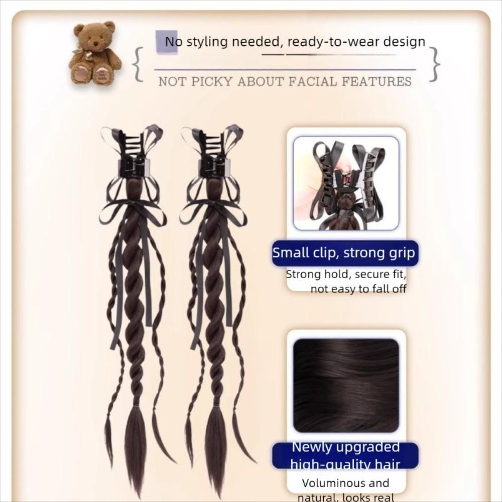 1Pair Ribbon Claw Clip Double Ponytail Twisted Braid Long Braiding Hair Extensions Party