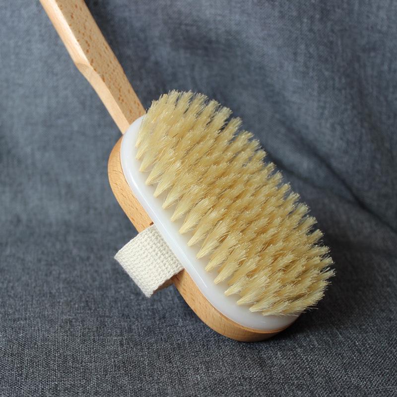 Long-Handled Boar Bristle Bath Brush, Back Scrubber, Detachable Head, Medium Soft/Hard, for Body, Dry Brushing, and Massage.