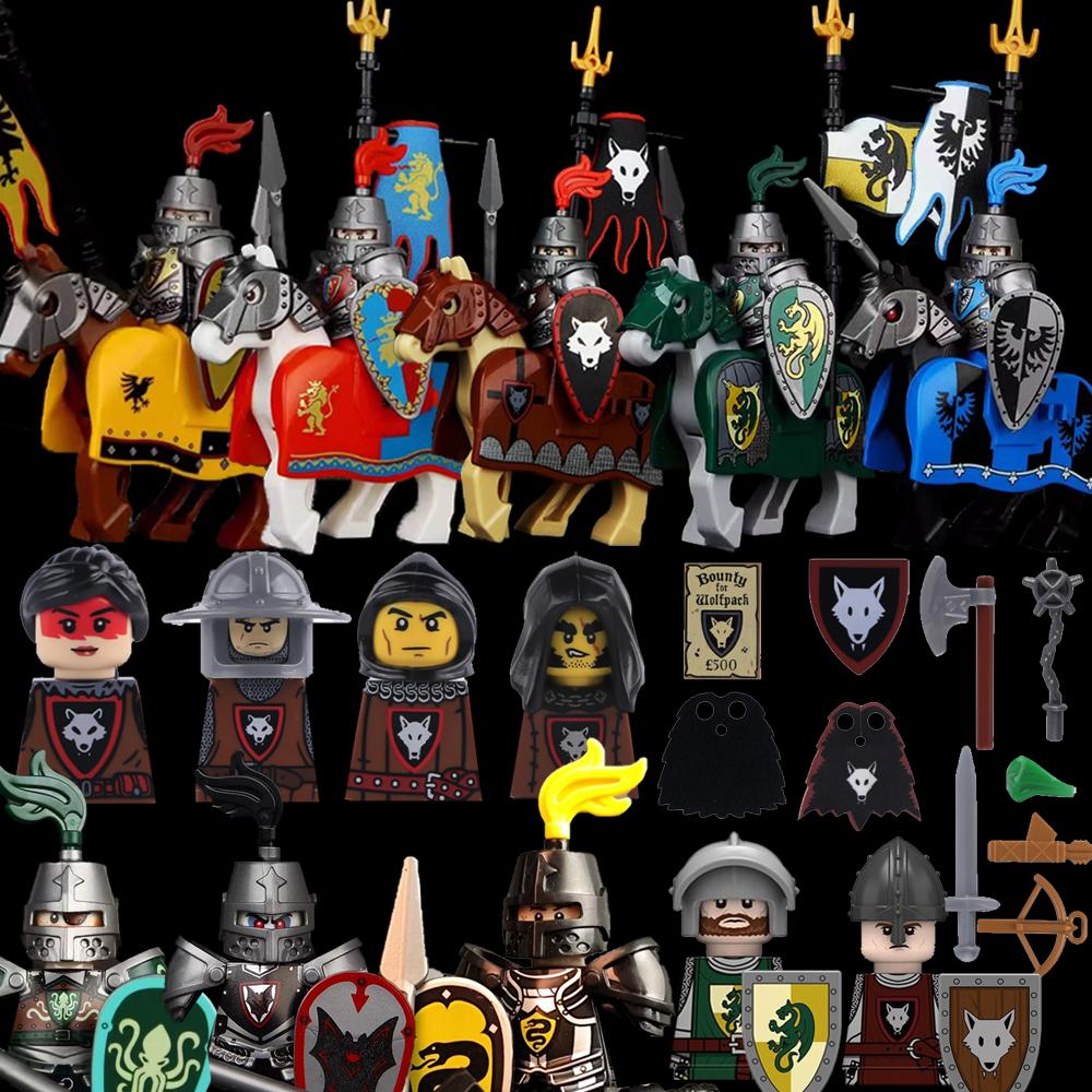 MOC Medieval Knight Castle Figures Building Blocks Weapon Wolf Swordsmen Guard Bow Arrow Shield Flags Warhorse Toys Gifts S002