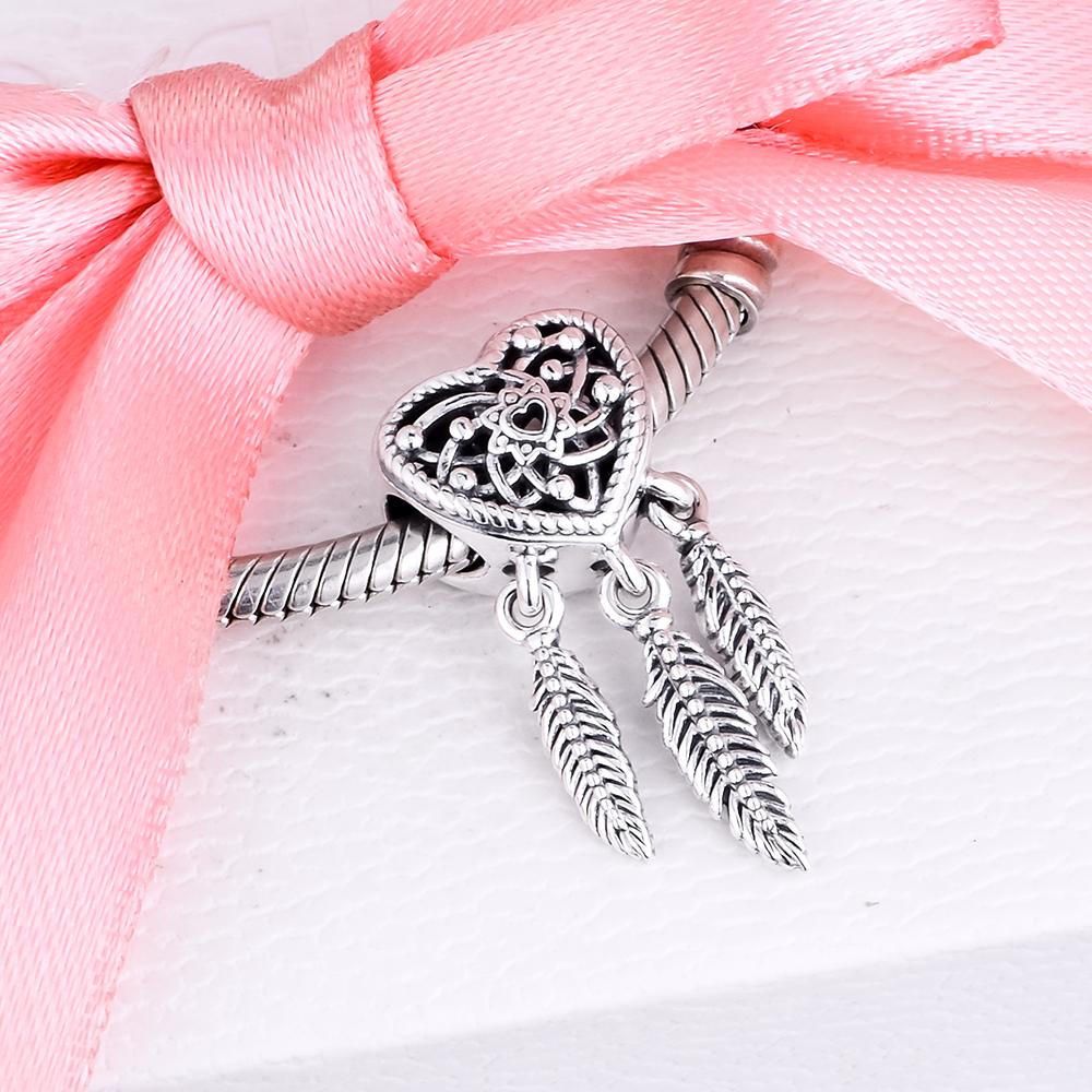 100% Real 925 Sterling Silver Openwork Heart & Three Feathers Dreamcatcher Charms Fit Europe Bracelet Beads Jewelry for Women