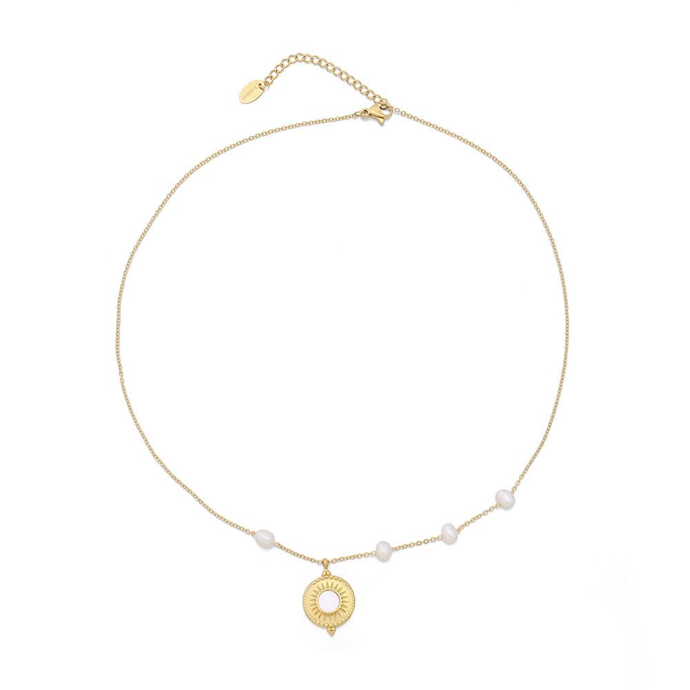 GEMCHIC Women s Modern Minimalist Freshwater Pearl Pendant Necklace Stainless Steel Gold Plated Sun Disc Chain золотой