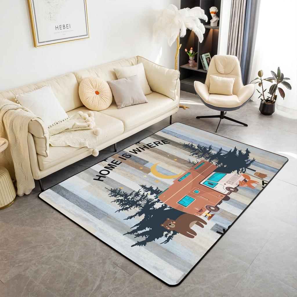 Happy Camping Living Room Rugs,Rv Car Area Rug,Vintage Farmhouse Style Non Slip Carpet, Camper Indoor Floor Mat for Travel Lover