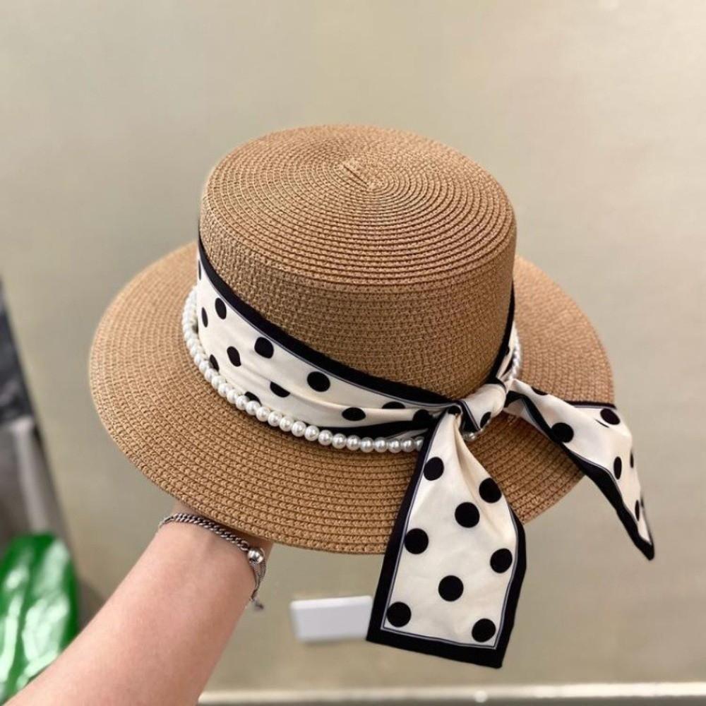 Dot Ribbon Beach Straw Cap Elegant Wide Brim Hat Fashion Sun Protection Cap  Summer Season