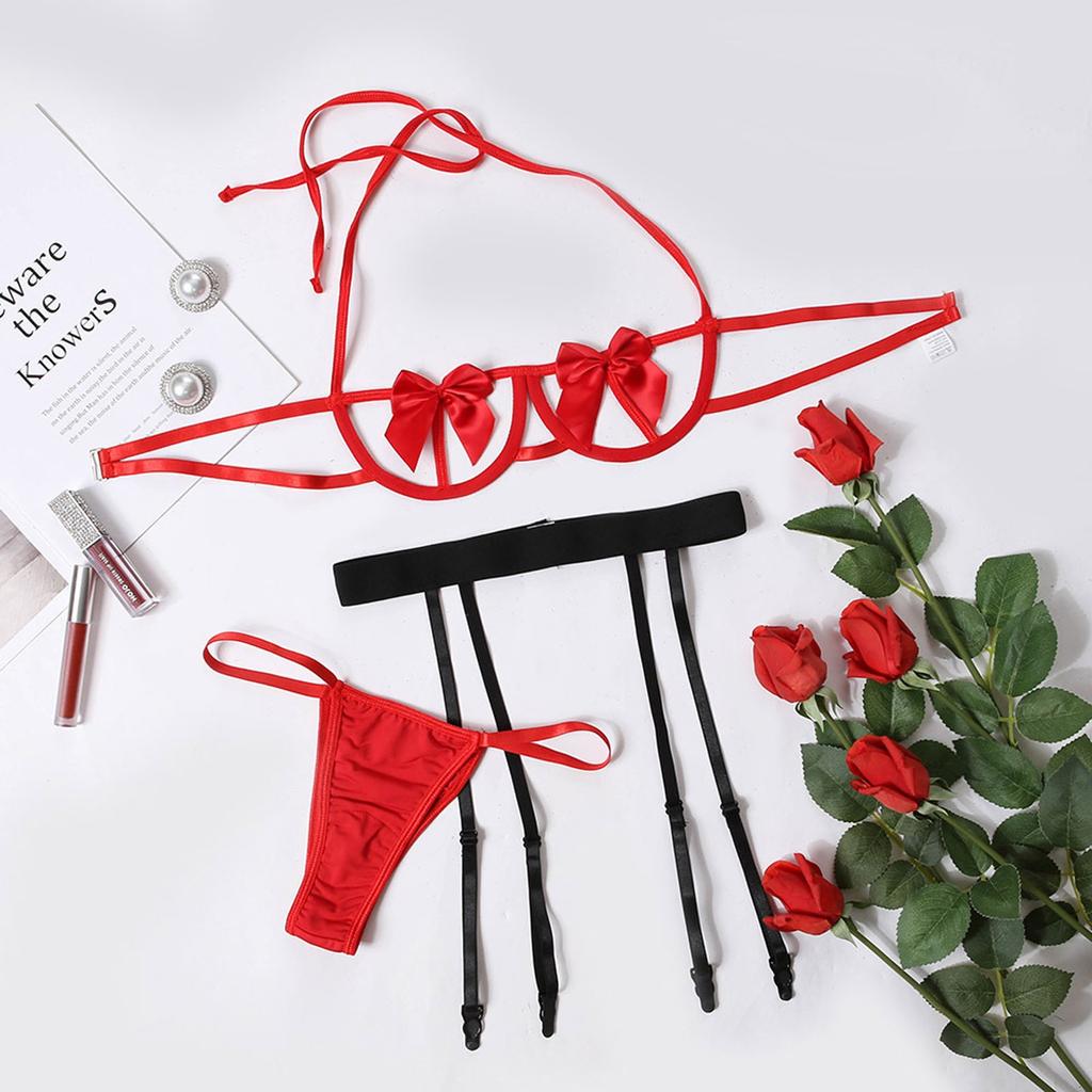 Eroticunderwear Sexy Cute Bowknot Lingerie Underwire Bra Hollow Out With Thong Garter Christmas Festival Cosplay For Women