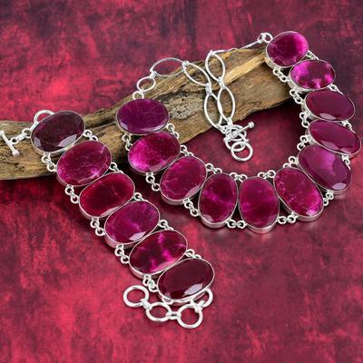 Kashmiri Red Ruby Gemstone Jewelry, 925 Solid Sterling Silver Bracelet & Necklace Jewelry Set, Handmade Pretty Jewelry Set For Women