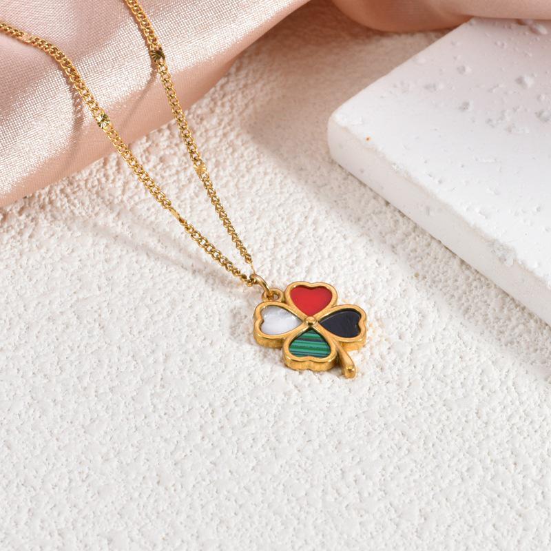 Elegant Four-Leaf Clover Titanium Steel Necklace with 18K Gold Plating, White Shell Pendant - Women's Versatile Jewelry