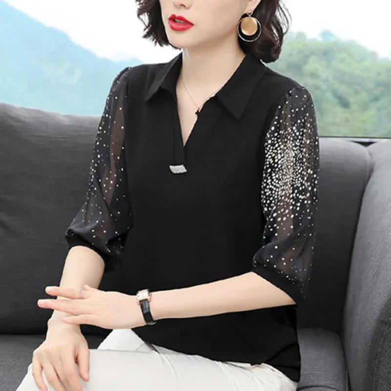 Plus Size 6XL Black Chiffon Three-quarter Sleeve Shirt Women's Summer Shirt Korean Loose Bottoming Top