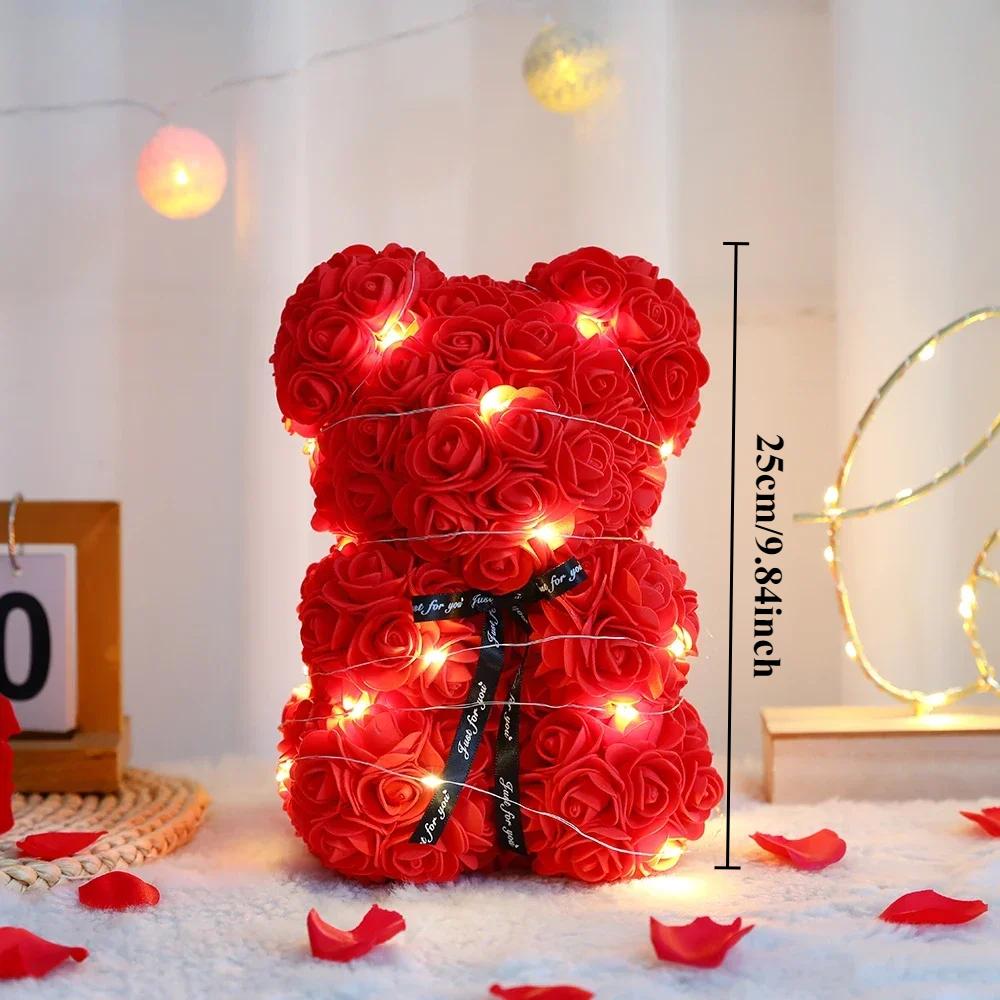 Valentines Day Artificial Teddy Rose Flower Bear with Box Romantic Gift Girlfriend Women Mother Birthday Wedding Party Deco 25cm