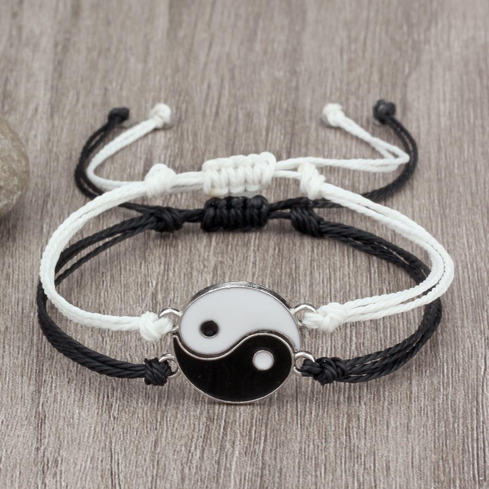 Yin Yang Harmony Tai Chi Men & Women Handmade Black & White Bracelet Set