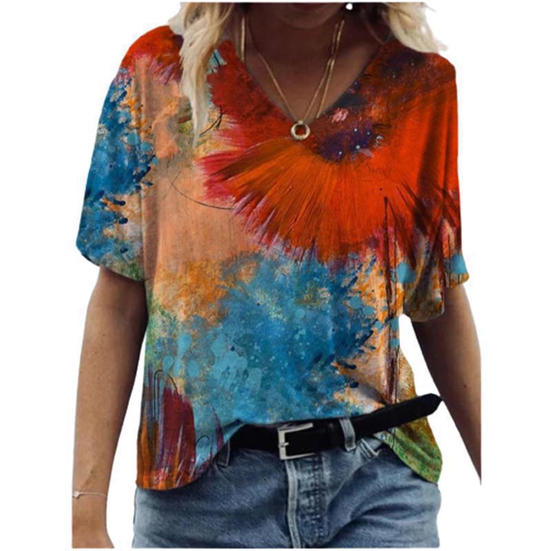 Women's T-shirt 3D Pattern Printed Casual Short Sleeved V-Neck Top Fashionable Street Women's Clothing
