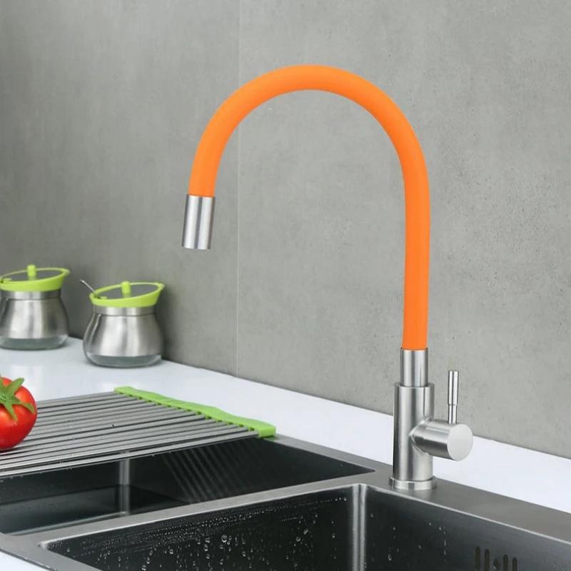 Colorful Tube Silicone Kitchen Sink Faucet Universal Single Cold Water Tap 360Degree Rotating Flexible Hose Basin Tap Deck Mount