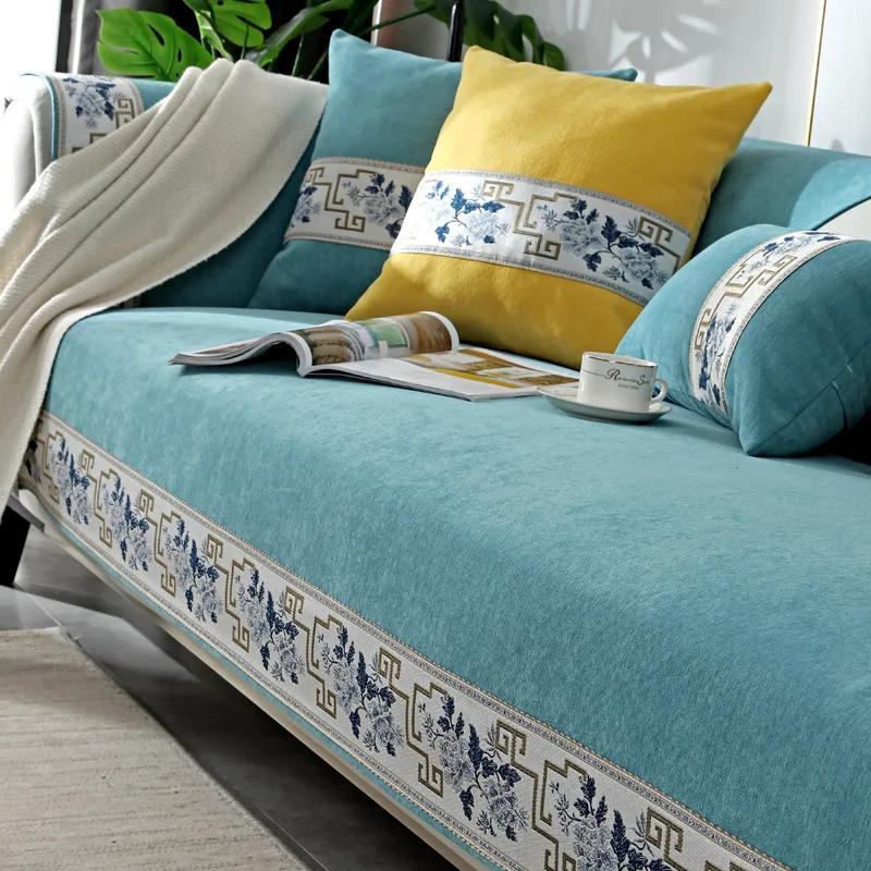 Chinese Style Chenille Sofa Cover Four Seasonal Universal Solid Wood Sofa Seat Cushion Solid Color Anti Slip Couch Cushion Cover