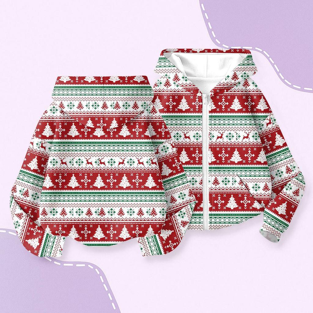 Children's Fashion Christmas Printed Long Sleeved Hooded Sweatshirt, Girls' Hoodie Jacket