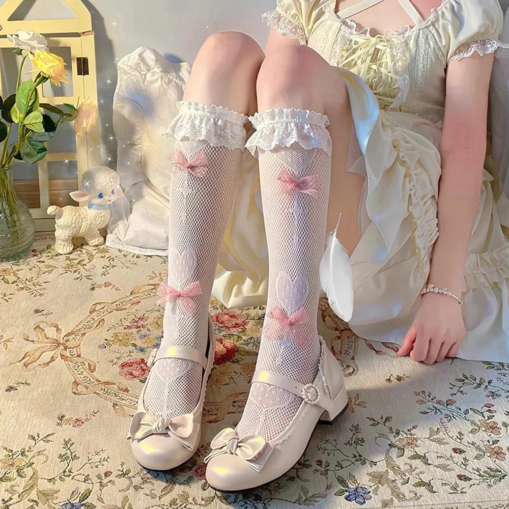 Lolita JK Love Bow Lolita Lace Long Socks Calf Jk Stocking Female Summer Lace Socks Harajuku Accessories Knee High JK Socks