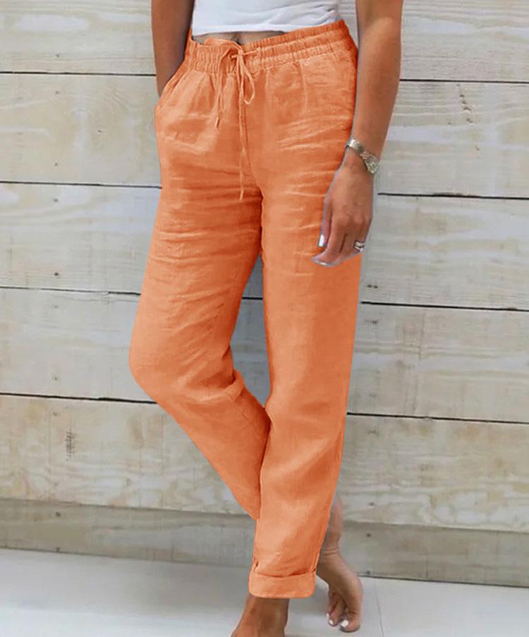 2024 Summer Elastic Waist Cotton Linen Wide-Leg Pants – Women's Loose-Fit Solid Color Trousers
