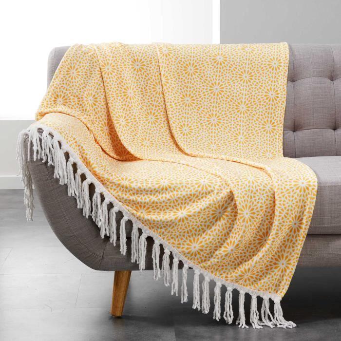Plaid - CDaffaires - Tunis - 125 x 150 cm - Flanelle - Jaune - Franges