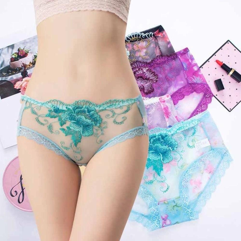 4Pcs Plus Size Lace Flower Underpants Transparent Underwear for Women Lace Seamless Briefs  Gifts